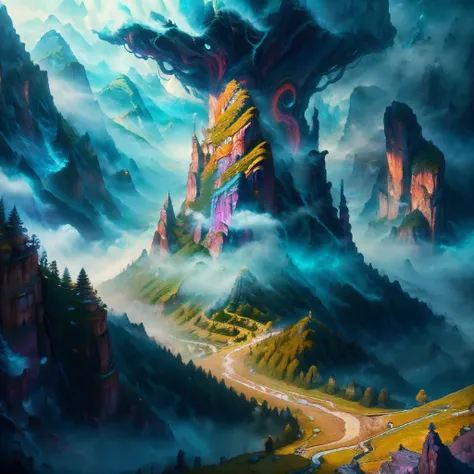 (masterpiece), (best quality), (incredible digital artwork), atmospheric scene inspired by a Peter Jackson fantasy movie, breathtaking landscape, towering mountains, lush forests, misty valleys, awe-inspiring structures, diverse and vibrant characters, engaging in a pivotal moment, dramatic lighting, vivid colors, intricate details, expertly capturing the essence of an epic cinematic experience, MarblingAI, <lora:MarblingAI:0.9>