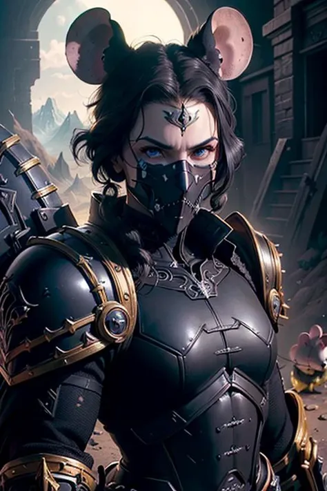 best quality ,masterpiece, illustration, an extremely delicate and beautiful, sharp focus, absurdres, realistic proportions, ((((realistic, hyperrealistic:1. 4)))), 16k hdr ,CG ,unity , ((((((((1mouse girl)))), full character)))),(((((armor), knight, rogue, paladin, mid body , ((((wearing black warrior suit)))), berserker, ranger, valkyrie, armor, dark, shadow, ((valley, landscape))))),((looking at viewer)),(((dark:1.4), deep shadow, moonlight, extremely detailed )), Amazing, dramatic light,style of Yoji Shinkawa and Hyung-tae Kim,((drastic hair ornaments)),((Soft light))), (CGSociety, Intricate:1.1),symmetrical, detailed linework, cinematic, psychedelic, black paper with vibrant line work, ornate, ((((symmetrical)))), highly detailed, castle, ((golden ratio)),(filigree:1.4) ,((loong pattern)), <lora:sxz-death-knight:0.6>