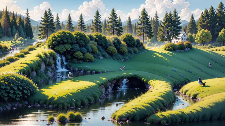 [(white background:1.5):5], isometric OR hexagon, masterpiece, best quality, ultra-detailed, illustration, scenery, ultra high res, (white background:1.5), no humans, scenery, tree, outdoors, sky, grass, day, cloud, water, blue sky, building, (flower:1.1), nature, house, (bird:1.4), window, river, bush, 
 <lora:GachaSplash4:1>,<lora:Ghibli_v4:0.3>