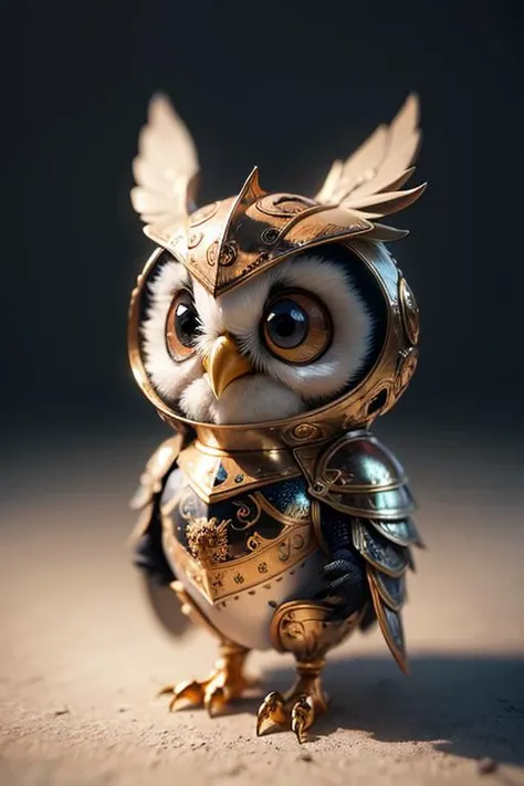 3dcreature cute owl wearing knight armor with detailed floral ornament, beak, 1boy, big eyes, chibi, Photorealistic, Hyperrealistic, Hyperdetailed, analog style, hip cocked, demure, low cut, black lace, detailed skin, matte skin, soft lighting, subsurface scattering, realistic, heavy shadow, masterpiece, best quality, ultra realistic, 8k, golden ratio, Intricate, High Detail, film photography, soft focus <lora:3dcreature:0.6>