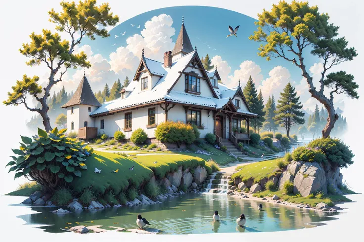 [(white background:1.5):5], isometric OR hexagon, masterpiece, best quality, ultra-detailed, illustration, scenery, ultra high res, (white background:1.5), no humans, scenery, tree, outdoors, sky, grass, day, cloud, water, blue sky, building, (flower:1.1), nature, house, (bird:1.5), window, river, bush, 
 <lora:GachaSplash4:1>,<lora:Ghibli_v4:0.3>
