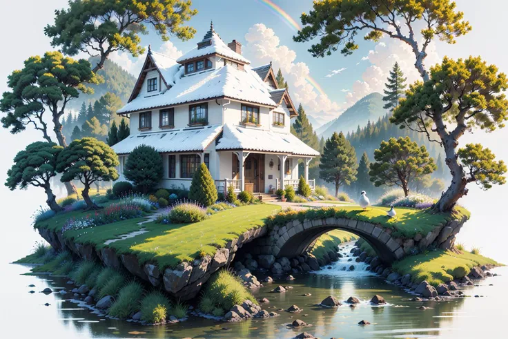 [(white background:1.5):5], isometric OR hexagon, masterpiece, best quality, ultra-detailed, illustration, scenery, ultra high res, (white background:1.5), no humans, scenery, tree, outdoors, sky, grass, day, cloud, water, blue sky, building, (flower:1.1), nature, house, bird, window, river, bush, (rainbow:1.1), 
 <lora:GachaSplash4:1>,<lora:Ghibli_v4:0.3>