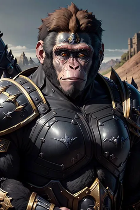 best quality ,masterpiece, illustration, an extremely delicate and beautiful, sharp focus, absurdres, realistic proportions, ((((realistic, hyperrealistic:1. 4)))), 16k hdr ,CG ,unity , ((((((((1Monkey)))), full character)))),(((((armor), knight, rogue, paladin, mid body , ((((wearing black warrior suit)))), berserker, ranger, valkyrie, armor, dark, shadow, ((valley, landscape))))),((looking at viewer)),(((dark:1.4), deep shadow, moonlight, extremely detailed )), Amazing, dramatic light,style of Yoji Shinkawa and Hyung-tae Kim,((drastic hair ornaments)),((Soft light))), (CGSociety, Intricate:1.1),symmetrical, detailed linework, cinematic, psychedelic, black paper with vibrant line work, ornate, ((((symmetrical)))), highly detailed, castle, ((golden ratio)),(filigree:1.4) ,((loong pattern)), <lora:sxz-death-knight:0.6>