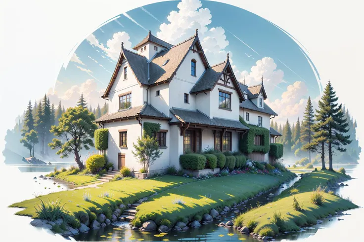 [(white background:1.5)::5], isometric OR hexagon ,masterpiece, best quality, ultra-detailed, illustration, scenery, ultra high res, (white background:1.5),no humans, scenery, tree, outdoors, sky, grass, day, cloud, water, blue sky, building, flower, nature, house, bird, window, river, bush 
 <lora:GachaSplash4:1> ,<lora:Ghibli_v4:0.3>
