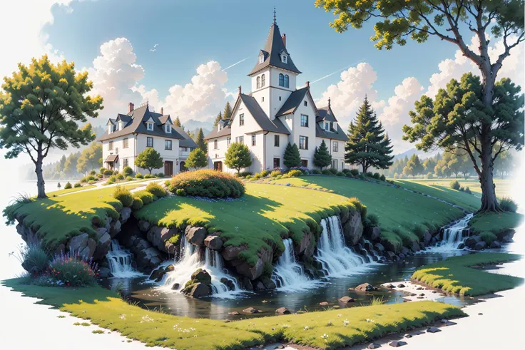 [(white background:1.5):5], isometric OR hexagon, masterpiece, best quality, ultra-detailed, illustration, scenery, ultra high res, (white background:1.5), no humans, scenery, tree, outdoors, sky, grass, day, cloud, water, blue sky, building, flower, nature, house, bird, window, river, bush, (rainbow:1.1), 
 <lora:GachaSplash4:1>,<lora:Ghibli_v4:0.3>
