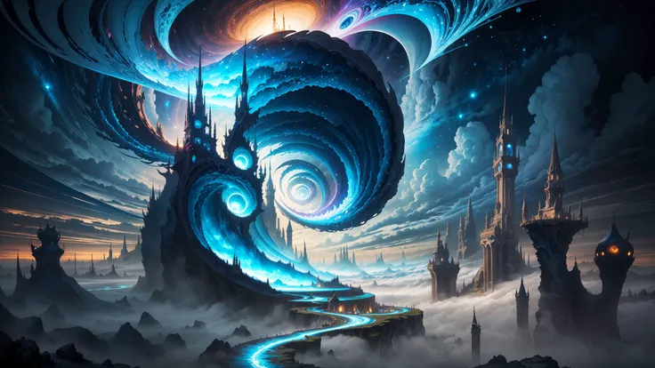 ((best quality)), ((masterpiece)), edge of chaos, (morphing reality:0.7), miraculous surreal landscape, floating islands, ethereal vortex, unbelievable fantastical creatures, masterpiece quality, mysteries of universe, whirlpool of energy, magical phenomenon, illusionary balance, ultra detailed, absurdres, composition, scale, perspective, scenery, light, color, texture, beauty, wonder, 8k, official art