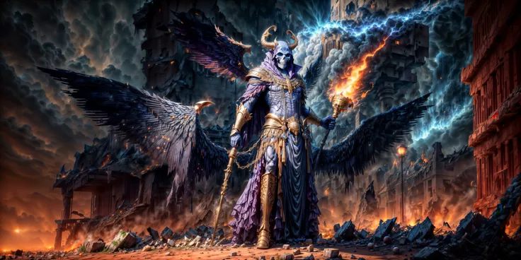 1 boy, upperbody, an male undead skeleton desert lich pharaoh, holding a cobra head staff, egyptian, Scarab beetle themed armor, deep focus, d & d, fantasy, intricate, elegant, highly detailed, artstation, purple, sharp, art by artgerm and greg rutkowski and alphonse mucha, ultra detailed, dim light, detailed post apocalyptic destroyed egypt background, solo, post apocalyptic egyptian pyramids background, <lora:detail:2>,  <lora:noise:0.5>, 3d render ultra detailed of a porcelain demonic undead skeleton pharaoh face, big leaves and stems, roots, steampunk, intricate details, mesh wire, mandelbrot fractal, cable wires, microchip, elegant, hyper realistic, ultra detailed, octane render, 8k post-production, (undead skeleton lich), gold armor, (demonic), mayan, chaotic, flaming eyes, absurdres, (hell), apocalypse, (demon wings:1.6), (Devil horns), (Skeleton Lich King), Skeleton, body only have bones, angry, wizard robe, all buildings are destroyed, destroyed buildings, (destroyed planet on sky:1.6), lighting strikes coming from sky, subject walking towards camera