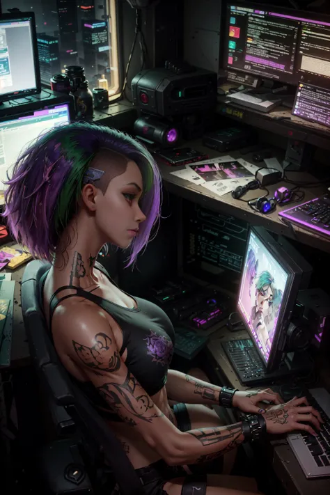 (masterpiece),high detailed, detailed, high quiality, (judy alvarez),1girl, solo,cyberpunk 2027,room background,desk,3 monitor, pc,pants,(from side),(programming),typing on keyboard,monitor light,light on face,green and purple hair,left side of shaved head,neck rose tattoo,small white shirt,tattoo on boob,arms tattoo,left arm 13 tattoo,red spiderweb tatto on right shoulder,eyeshadow,no light in room, darkness, sitting, sit on chair, serious expression,head from side,side head,(((looking at monitor))), <lyco:GoodHands-beta2:1.0>, <lora:Judy:0.6>