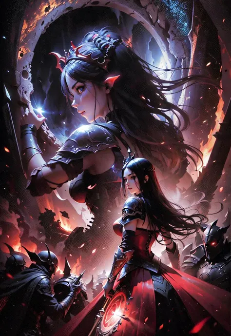 high quality, full shot, subsurface scattering, 1girl, 1men, chromatic lighting, colorized, red + white limited color palette, detailed concept drawing, warrior queen woman, in a devil portal, dark knight, caos, end of world, black hole background, soldiers,fantasy, magic sword, golden crown,red european clothers, from the back, 1girl, slender, giant evil