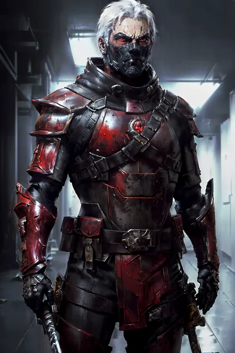 ((best quality)), ((masterpiece)), ((realistic)), (detailed), portrait, close up, old male space samurai ninja, red eyes, wearing black and red samurai armor, katana sword in back holster, highly detailed skin, white hair, looking at viewer, futuristic art, stunning gradient colors, no watermark signature, detailed background, space station, corridor, dark corridor, closed mouth, insanely detailed, , ((masterpiece)), absurdres, HDR <lora:DtrooperV01:0.5> <lora:urbansamurai_v0.3:0.3> <lora:spybgsToolkit_spybgtkCEnh:0.7>