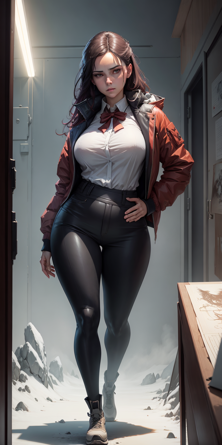 A woman in a red jacket and black pants standing in a hallway - SeaArt AI