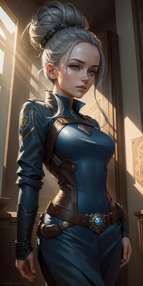 upper waist portrait of a gorgeous young woman , CCTV, Renderman, High exposure of a Light Thai [C-3PO:Officer Jenny:1], Diving, wearing Tranquil Norse Navy Blue Silver Moto jacket, Gray hair styled as French twist bun, from inside of a School, Overdetailed art, Horror, Remodernism, Sun Rays, Circular polarizer, Dark hue, glittering, epic fantasy, photolab, most beautiful artwork in the world, (art by Greg Rutkowski:0.9),art by Greg Rutkowski
