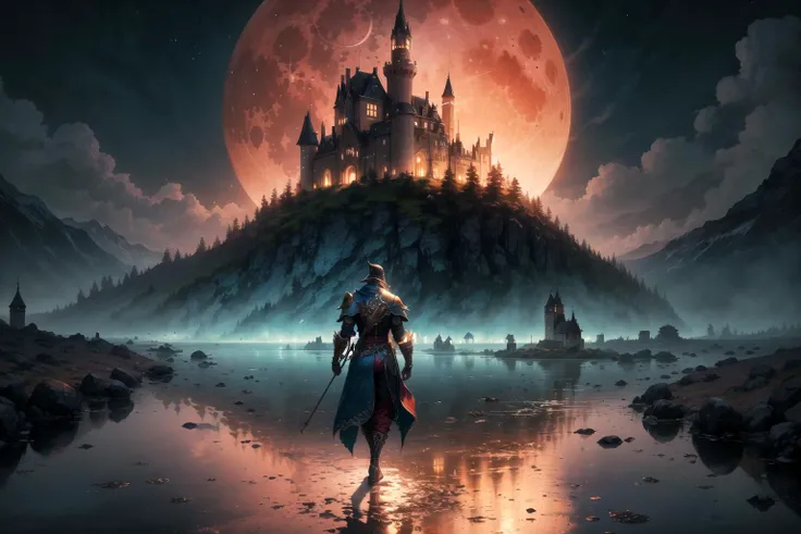 8k,wallpaper of a wicher walking in a water, castle,red moon, character focus, volumetric lighting, masterpiece, realistic, trending on artstation, highres, fantasy <lora:howlbgsv3:0.4>