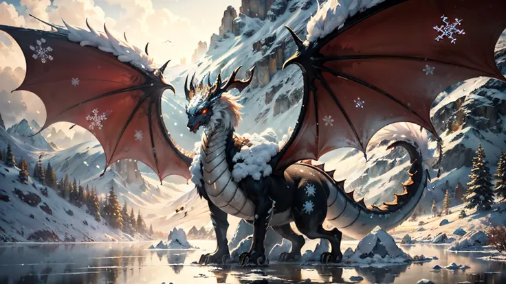 (8K), (UHD), ((best quality)), ((masterpiece)), (detailed), giant, ice dragon, white scales, snowy mountain, snowing from sky, volumetric lighting, horns, icy spines on back, frozen lake, open wings, fullbody, long white fur