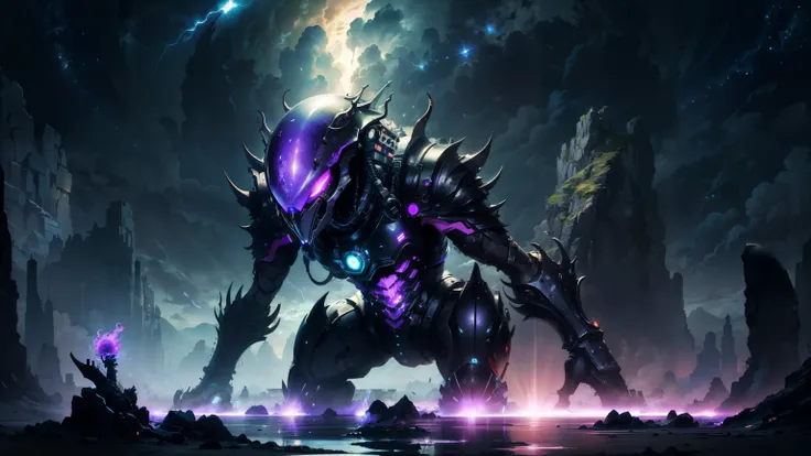 giant monster in alien planet with view over purple galaxy and light reflecting from the surface, digital art