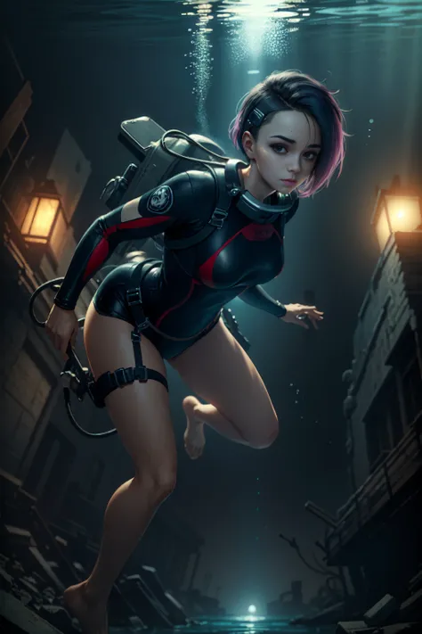 ((portrait shot)) A photo of WAS-JA,adult,adult face, (30 years),(masterpiece),high quality, 4k,1girl,solo,detailed,(diving),diving suit, short hair,((under water)),low light,full body,feet,night,(darkness),((ruins town background)),sad expression,good hand,sharp focus, small head, <lora:Judy:0.1>,