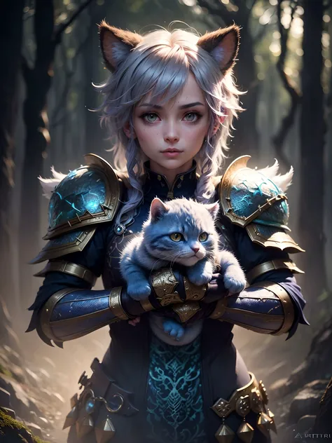 a tiny cat bear,chibi, blue, gold, white, purpple, dragon scaly armor, forest background, fantasy style, (dark shot:1.17), epic realistic, faded, ((neutral colors)), art, (hdr:1.5), (muted colors:1.2), hyperdetailed, (artstation:1.5), cinematic, warm lights, dramatic light, (intricate details:1.1), complex background, (rutkowski:0.8), (teal and orange:0.4), colorfull, (natural skin texture, hyperrealism, soft light, sharp:1.2), (intricate details:1.12), hdr, (intricate details, hyperdetailed:1.15)