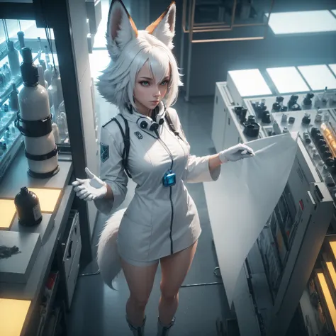 ((Masterpiece)), trending on artstation, 4k, female, white fur, anthro-fox, researcher , in a lab, futuristic lab, white lab coat, glowing chemicals, table with chemicals, chemicals, shot from above