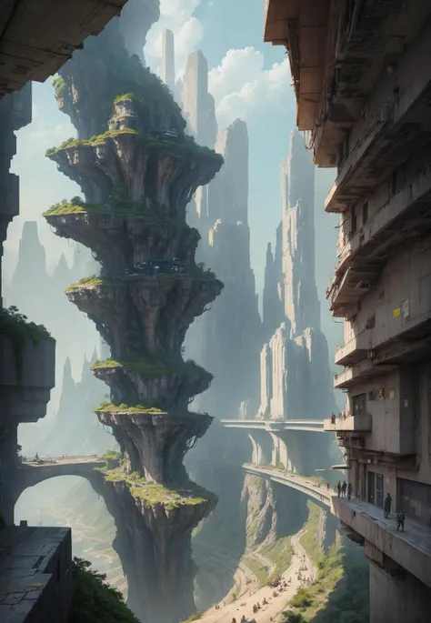 sci-fi cyberpunk city, deep ravine rift in the middle, architectural streets, cars, bridges, sunny days, exotic architecture, masterpiece, best quality, high detial, hyper realistic