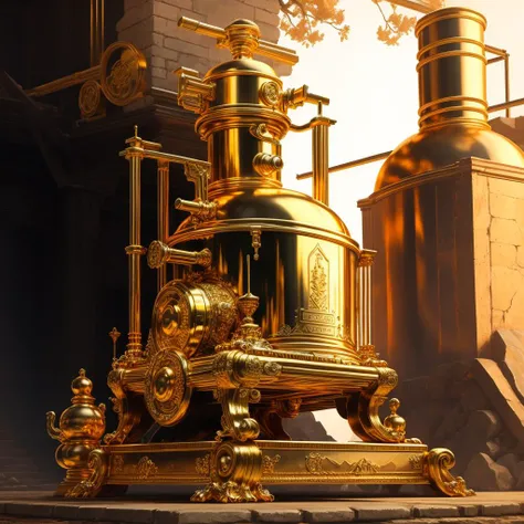 a alchemy furnace, <lora:goldcarvingcd-000007:0.9>, goldcarvingcd, high quality, masterpiece, realistic, photorealistic, long-focus, outdoors, full body