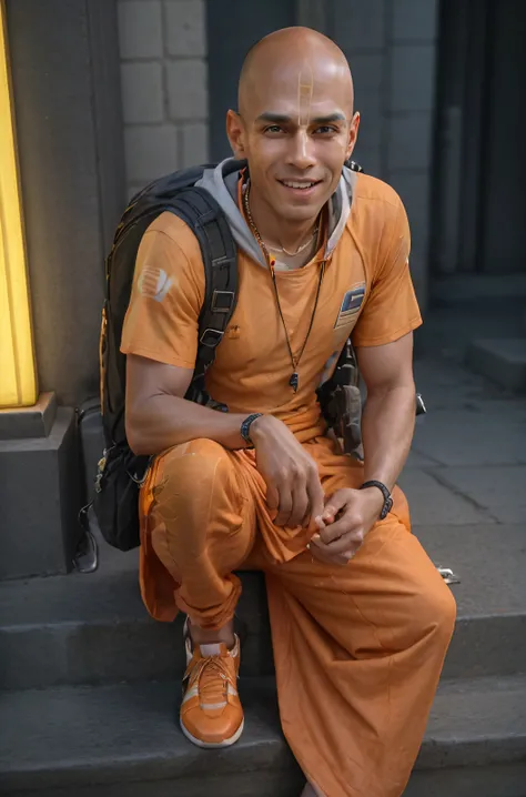 cyberpunk city, smiling boy shave head in hero pose follow, glow eyes, prototip hand, style orange brand Adidas backpack on the back, kanthimala's neck, hair style, dressed in dhoti, t shirt White, adidas orange shoes on foots, full body, disney style, ultra detailed, ultra sharp, depth of field, ultra detailed, ultra sharp,ultra photorealistic, beautiful detailed face, rimlights, glow effects, bloom effects, lightroom, <lora:adbhuta:0.6>