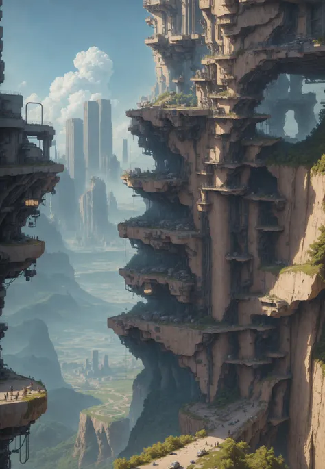 sci-fi cyberpunk city, bridges, deep ravine rift in the middle, terraced streets, reactors, breeder, oil refinery, cars, sunny days, industrial architecture, masterpiece, best quality, high detial, hyper realistic