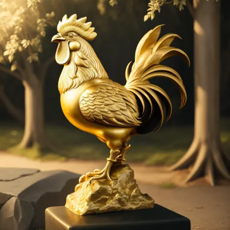 a rooster, <lora:goldcarvingcd-000007:0.7>, goldcarvingcd, high quality, masterpiece, realistic, photorealistic, long-focus, outdoors, full body