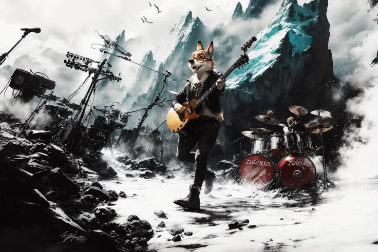shout oneself hoarse Singing, zootopia, rock and roll, sunglasses, rocker outfit, dynamic pose, stage, light,
<lora:LowRA:0.8>