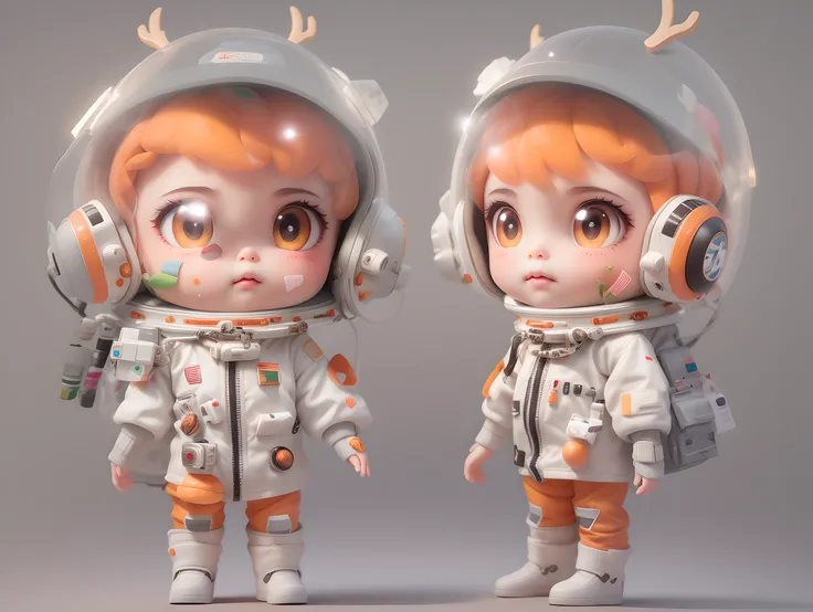 1girl, solo, grey background, fruit, food, bandaid on nose, simple background, orange (fruit), bandaid on face, antlers, grey eyes, full body, spacesuit, pointy ears, looking at viewer, mandarin orange, bandaid, standing, straight-on, astronaut, shoes, deer ears, space helmet, Ski mirror, There is a colorful light on the spacesuit<lora:blindbox_v1_mix:1>