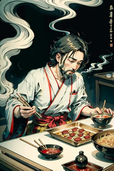 an image of a man with a chopstick, at a table with a bowl of noodles, chopsticks, in the style of otherworldly creatures, vibrant neo-traditional, grocery art, catcore, dreamlike installations, unique yokai illustrations, dense composition, color smoky, smoke <lora:linesk_style:0.5> <lora:MoXinV1:0.4>
