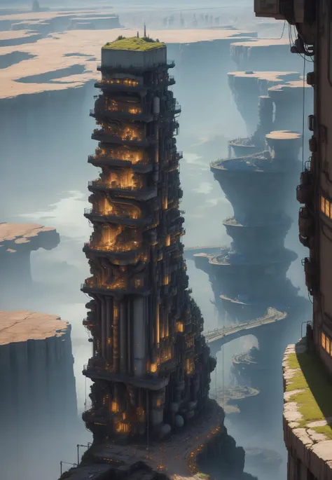 sci-fi cyberpunk city, bridges, deep ravine rift in the middle, terraced streets, reactors, breeder, oil refinery, cars, sunny days, industrial architecture, masterpiece, best quality, high detial, hyper realistic