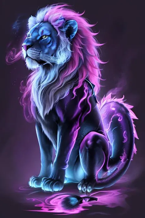 bioluminescent dragon|lion made of pink|crimson|purple smoke <lora:Smoke:0.8>  dark blue|Lilac background