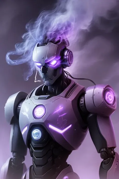 sad robot from multicoloured smoke, cyberpunk <lora:Smoke:0.8> purple background