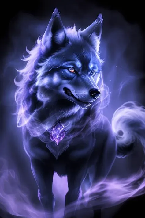 wolf from crimson smoke <lora:Smoke:0.8> blue|purple background