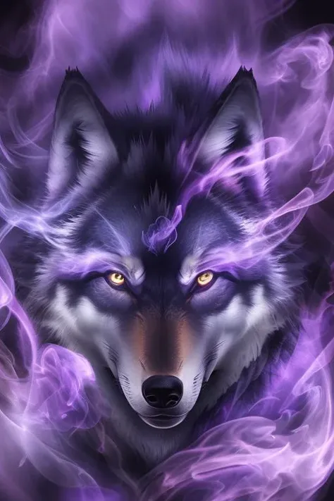 wolf multicolored smoke <lora:Smoke:0.8> purple background