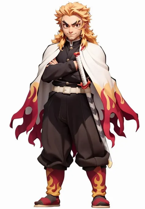 masterpiece,best quality,3dmm style,3d,solo, 1boy, rengoku kyoujurou, male focus, demon slayer uniform, forked eyebrows, blonde hair, weapon, multicolored hair, cape, sword, white background, smile, simple background, crossed arms, long hair, sheath, belt, full body, red hair, looking at viewer, pants, white cape, sheathed, two-tone hair, closed mouth, standing, long sleeves, katana, black pants, flame print, white belt, black jacket, thick eyebrows