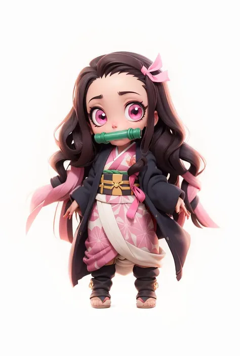 masterpiece,best quality,3dmm style,3d,1girl, solo, kamado nezuko, ribbon, hair ribbon, japanese clothes, gag, long hair, long sleeves, very long hair, standing, bit gag, kimono, black hair, forehead, pink kimono, multicolored hair, white background, bamboo, pink ribbon, chibi, simple background, checkered sash, gagged, sash, pink eyes, mouth hold, brown hair, obi, full body, looking at viewer, open clothes, wide sleeves, sleeves past wrists, bangs, parted bangs, gradient hair, two-tone hair, black jacket, jacket, zouri