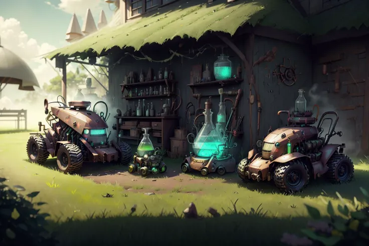 <lora:AlchemyPunkAI:.9> AlchemyPunkAI lawn mower robots, house, ultra detailed, Hyperrealistic, sharp focus, octane render