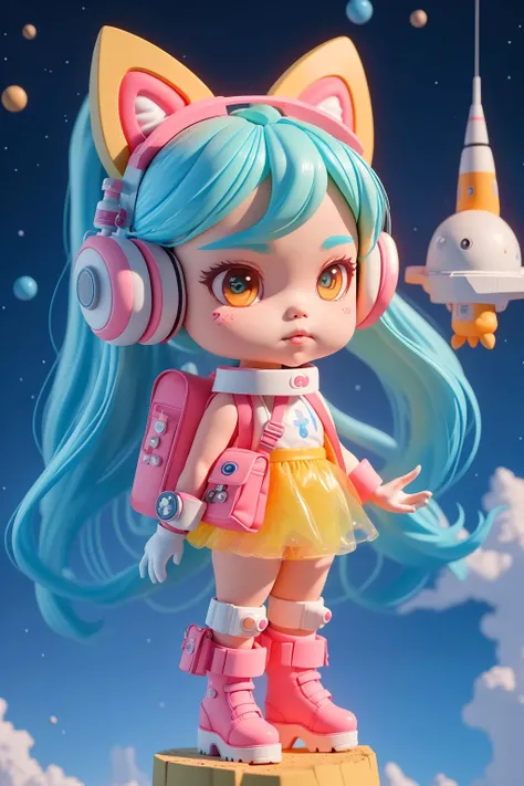 masterpiece, best quality,Cyberpunk Style,speed lines,diffraction spikes,full body,Sense of technology,In outer space,1girl, ponytail, backpack,mask,transparent luminous goggles, weapon, Handheld laser gun,wrist cuffs,
fox ears,ahoge,long hair,  hair bands,blue|green  hair,technology backpacks,lingerie,Bear pendant,bag, solo,cute rocket launches, cute pink octopus doll,  technology headphones, white gloves,bodysuit,  sexy tops decorated with love, cute boots,  high heel boots,space satellites, asteroids around the girl,step on the cratered planets, chibi, cute<lora:blindbox_v1_mix:1>