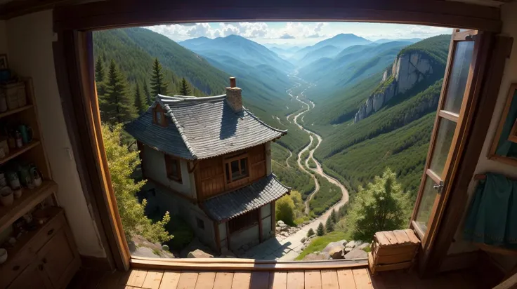 Black background, masterpiece, top quality, best quality, official art, beautiful and aesthetic:1.2),(8k, best quality, masterpiece:1.2), <lora:CGgamebuilding gsw_20230706164254:0.6>,CGgamebuilding gsw, no humans, building, window, traditional media, house, in Alpine Gorge, Deep mountain valley, top perspective, vertigo inducing