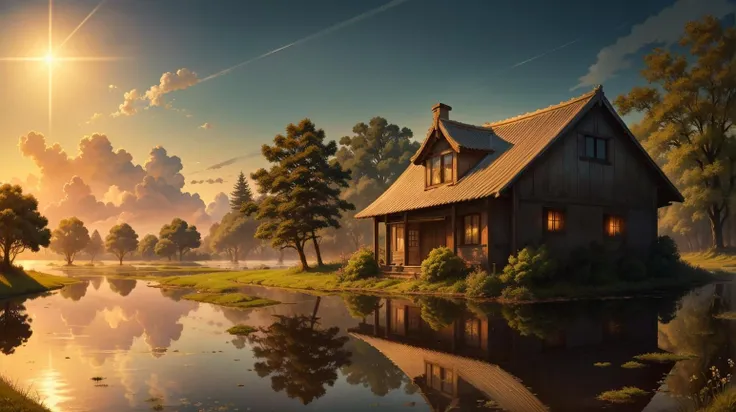 Black background, masterpiece, top quality, best quality, official art, beautiful and aesthetic:1.2),(8k, best quality, masterpiece:1.2), <lora:CGgamebuilding gsw_20230706164254:0.6>,CGgamebuilding gsw, no humans, building, window, traditional media, house, in Fenland, Marshy waterlogged terrain, a shimmer of frost under the early morning sun