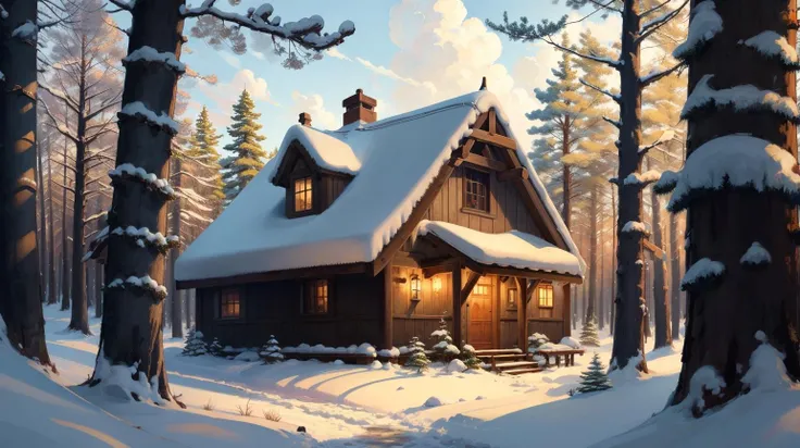 Black background, masterpiece, top quality, best quality, official art, beautiful and aesthetic:1.2),(8k, best quality, masterpiece:1.2), <lora:CGgamebuilding gsw_20230706164254:0.6>,CGgamebuilding gsw, no humans, building, window, traditional media, house, in Spruce Forest, Dense woodland with spruce trees, a flurry of snow under a hushed winter