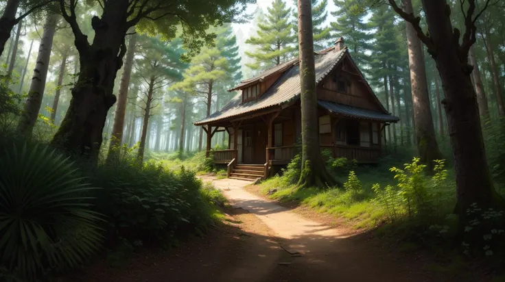 Black background, masterpiece, top quality, best quality, official art, beautiful and aesthetic:1.2),(8k, best quality, masterpiece:1.2), <lora:CGgamebuilding gsw_20230706164254:0.6>,CGgamebuilding gsw, no humans, building, window, traditional media, house, in Subtropical Pine Forest, Towering pines with understory ferns, cracked environment