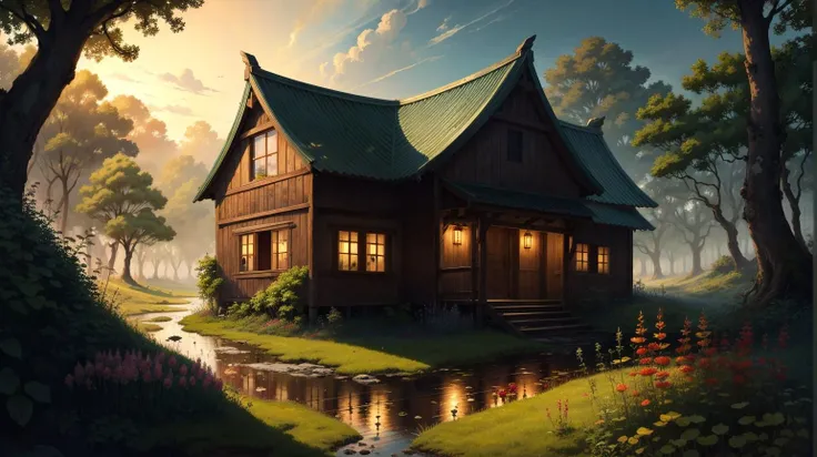 Black background, masterpiece, top quality, best quality, official art, beautiful and aesthetic:1.2),(8k, best quality, masterpiece:1.2), <lora:CGgamebuilding gsw_20230706164254:0.6>,CGgamebuilding gsw, no humans, building, window, traditional media, house, in Sundew Bog, Wetland with carnivorous plants, a dew-laden landscape under the morning sun