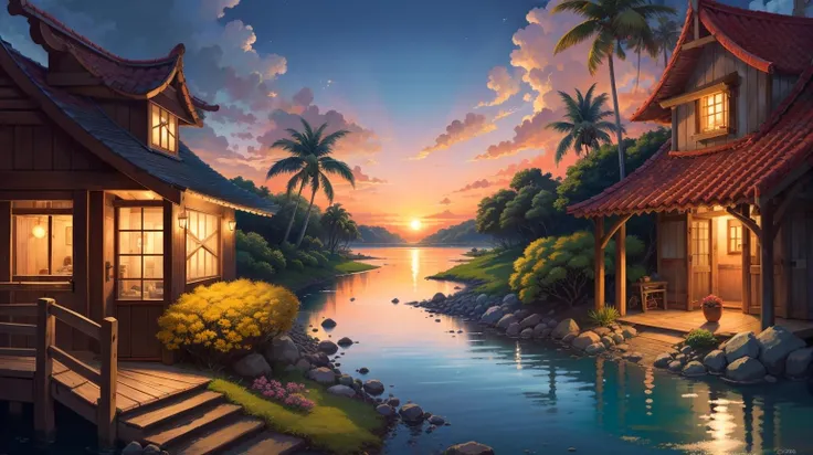 Black background, masterpiece, top quality, best quality, official art, beautiful and aesthetic:1.2),(8k, best quality, masterpiece:1.2), <lora:CGgamebuilding gsw_20230706164254:0.6>,CGgamebuilding gsw, no humans, building, window, traditional media, house, in Subtropical Lagoon, Shallow coastal water body, a tranquil panorama under the blush of sunset
