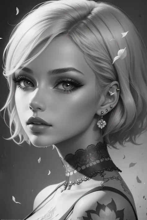 Beautiful girl, high-precision illustrations, monochrome tone effects, chic and sophisticated impression, focus blur envelops her softly, overhead shot composition, pixel-perfect drawing, edge detection, clear expression of details, high-key contrast, tint effect, monochrome world, unique charm, off-shoulder, big breasts, cleavage, Bust shot, backlight, cinematic light, retro, plain dress, earrings, silver accessories, short bob, long eyelashes