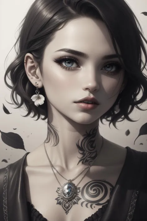 DigiArt Style, 1girl, solo, looking at viewer, short hair, simple background, white background, jewelry, monochrome, greyscale, earrings, parted lips, lips, petals, eyelashes, tattoo, makeup, watermark, piercing, ear piercing, portrait, digital art <lora:DigiArt:1>