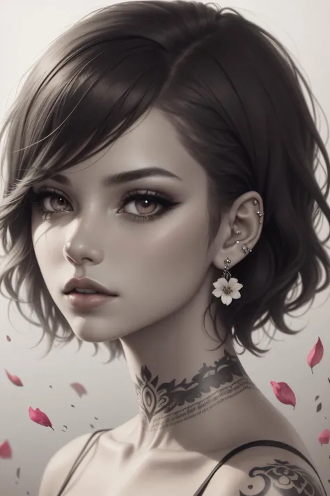 DigiArt Style, 1girl, solo, looking at viewer, short hair, simple background, white background, jewelry, monochrome, greyscale, earrings, parted lips, lips, petals, eyelashes, tattoo, makeup, watermark, piercing, ear piercing, portrait, digital art <lora:DigiArt:1>