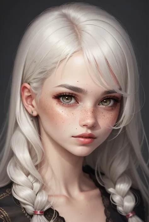 DigiArt Style, 1girl, solo, long hair, looking at viewer, closed mouth, white hair, lips, (((grey eyes))), eyelashes, makeup, portrait, freckles, realistic, nose, <lora:DigiArt:1>