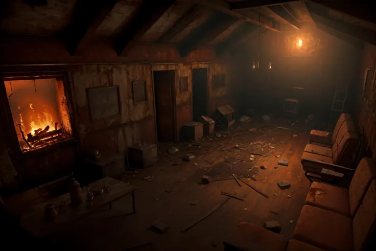 masterpiece, best quality, 4k, no humans, Crackling firelight, Attic, horror, abandoned, (interiors), rust, debris, rot, mold, landscape, muted color, silent hill style, <lora:SilentHillStyle:0.65>, Tracking shot